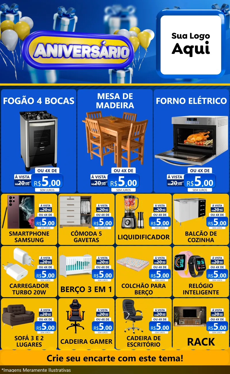 Modelo de Encarte para Encarte Grande com o tema Aniversário para Móveis e Eletro