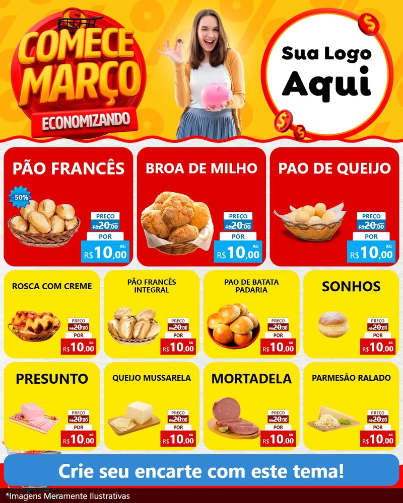 Modelo de Rede Social para Feed Instagram com o tema Comece Março Economizando para Padaria