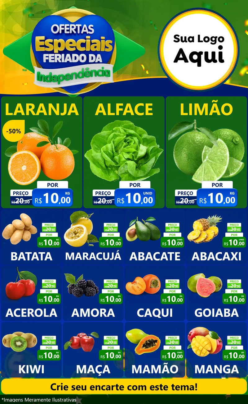 Modelo de Encarte para Encarte Grande com o tema Ofertas Especiais Feriado da Independência para Hortifrúti