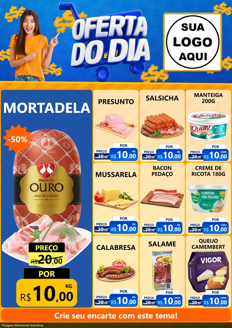 Modelo de Encarte para Encarte A4 Vertical com o tema Oferta do Dia para Frios e Laticínios