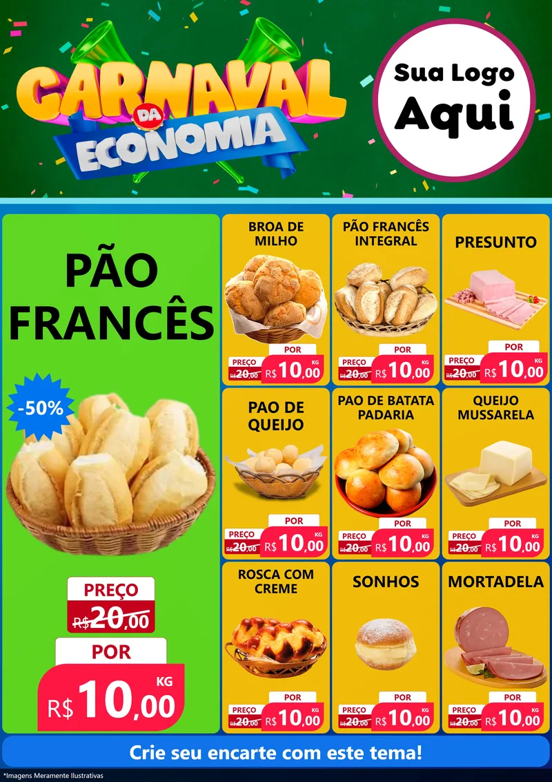 Modelo de Encarte para Encarte A4 Vertical com o tema Carnaval da Economia para Padaria