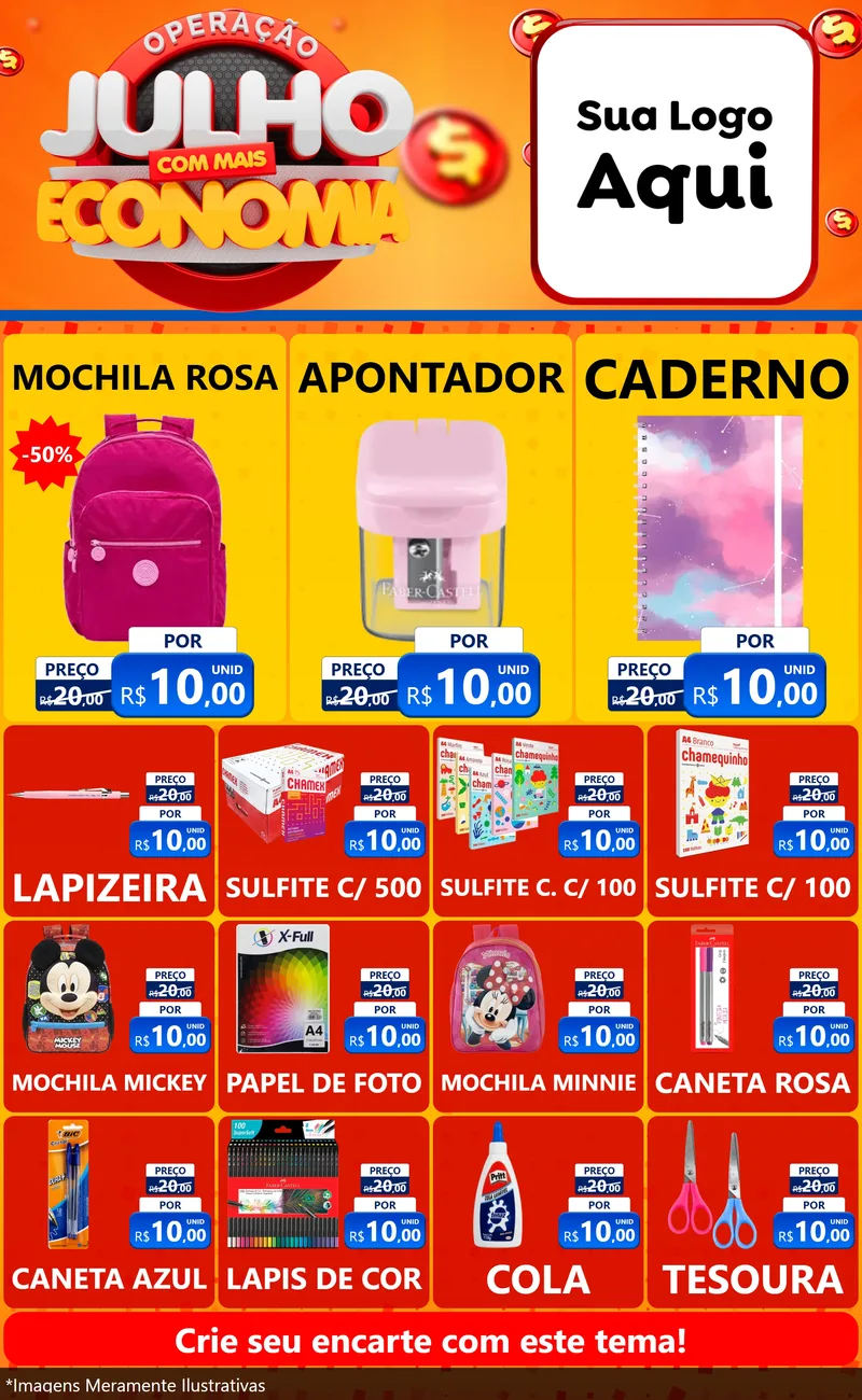 Modelo de Encarte para Encarte Grande com o tema Operação Julho Com Mais Economia para Papelaria