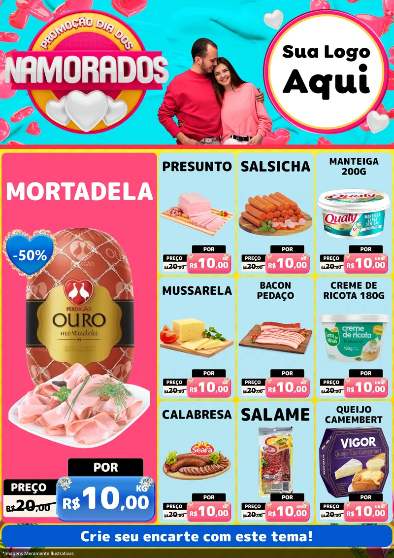 Modelo de Encarte para Encarte A4 Vertical com o tema Promoção Dia dos Namorados para Frios e Laticínios