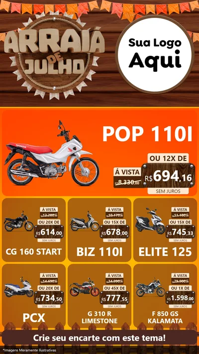 Modelo de Rede Social para Stories com o tema Arraiá de Julho - Junina para Concessionaria de Motos
