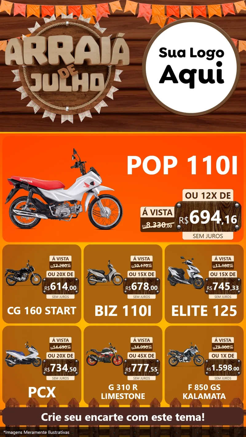 Modelo de Rede Social para Stories com o tema Arraiá de Julho - Junina para Concessionaria de Motos