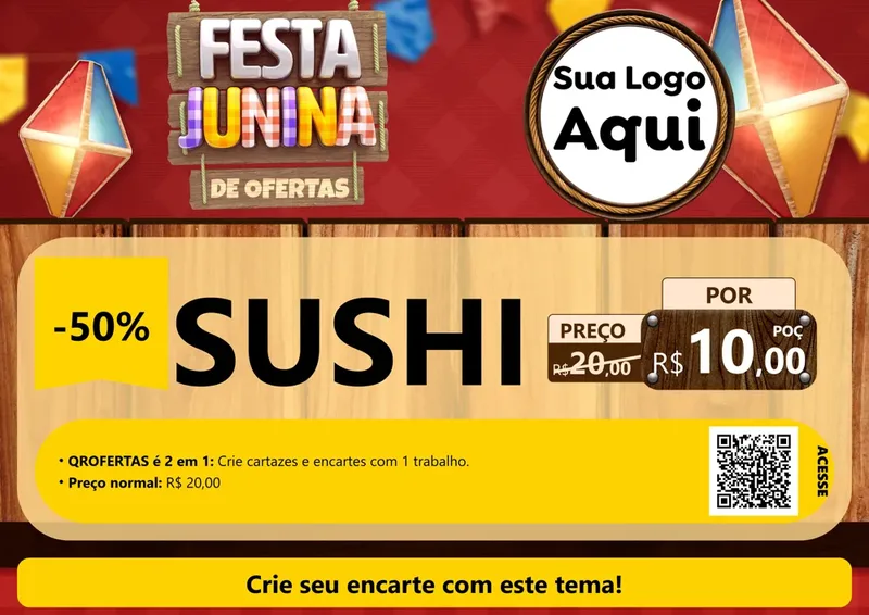 Modelo de Cartaz para Cartaz A4 Horizontal com o tema Festa Junina de Ofertas para Comida japonesa