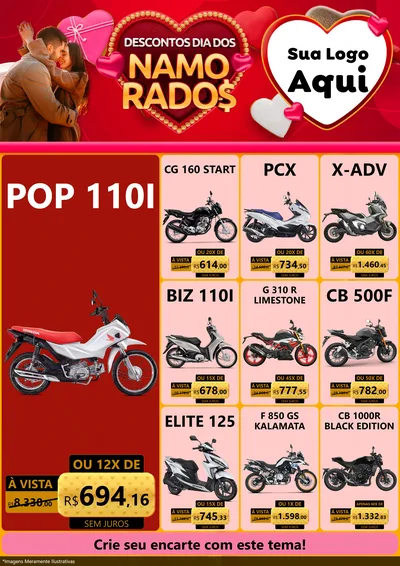 Modelo de Encarte para Encarte A4 Vertical com o tema Descontos Dia dos Namorados para Concessionaria de Motos
