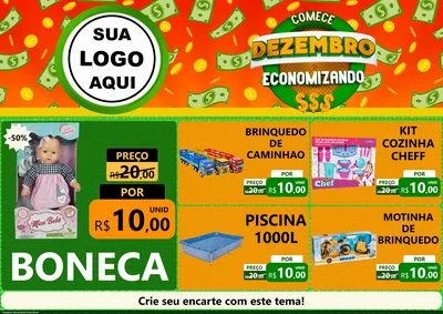Modelo de Encarte para Encarte A4 Horizontal com o tema Comece Dezembro Economizando para Brinquedos