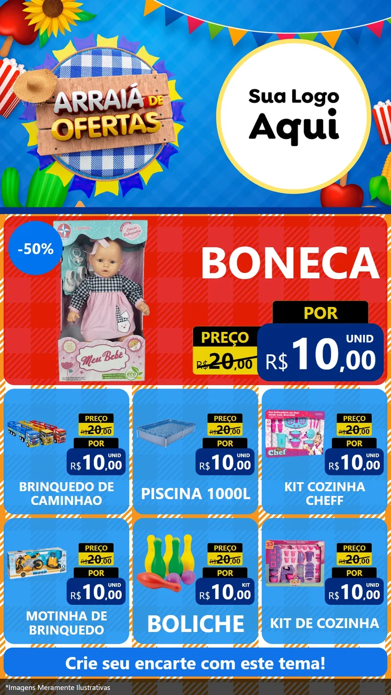 Modelo de Rede Social para Stories com o tema Arraiá de Ofertas para Brinquedos