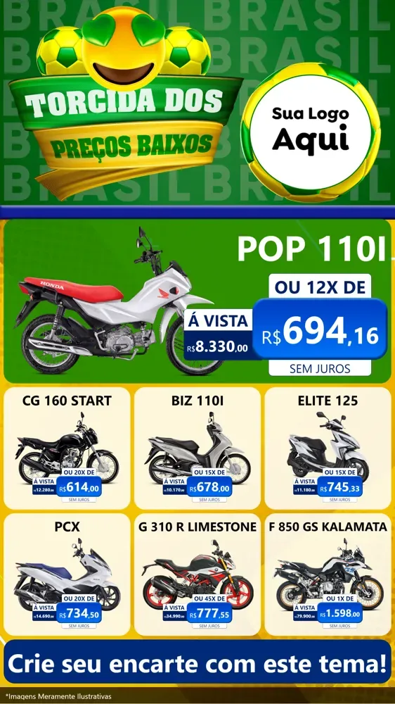 Modelo de Rede Social para Stories com o tema Torcida dos Preços Baixos - Copa para Concessionaria de Motos