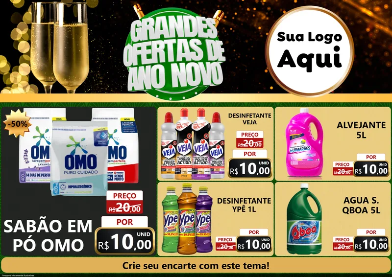 Modelo de Encarte para Encarte A4 Horizontal com o tema Grandes Ofertas de Ano Novo para Produtos de Limpeza