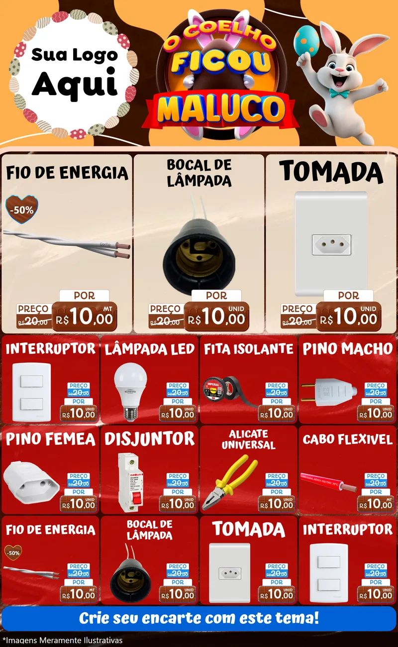 Modelo de Encarte para Encarte Grande com o tema O Coelho Ficou Maluco - Páscoa para Materiais Elétricos
