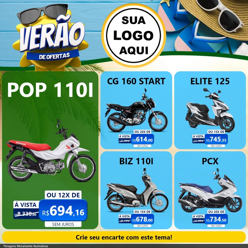 Modelo de Rede Social para Feed Facebook com o tema Verão de Ofertas para Concessionaria de Motos