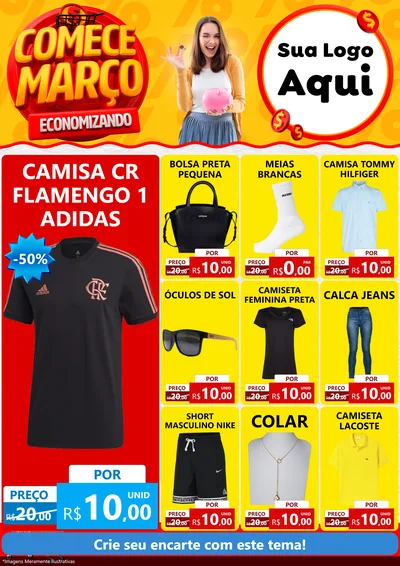Modelo de Encarte para Encarte A4 Vertical com o tema Comece Março Economizando para Roupas e acessórios