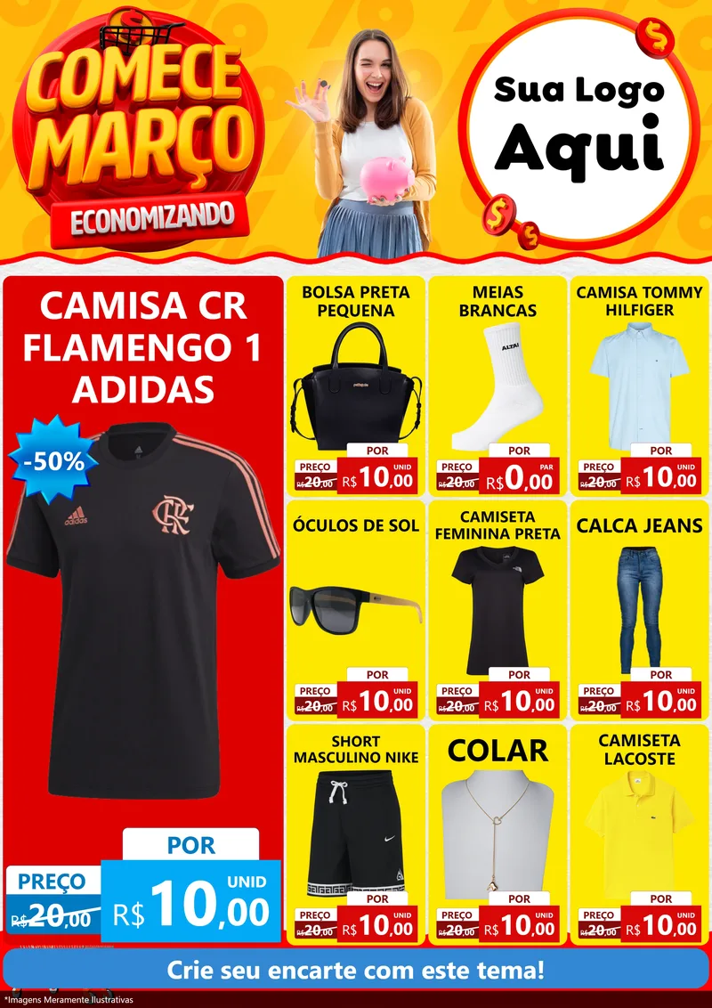 Modelo de Encarte para Encarte A4 Vertical com o tema Comece Março Economizando para Roupas e acessórios