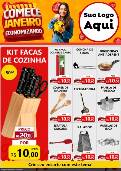 Modelo de Encarte para Encarte A4 Vertical com o tema Comece Janeiro Economizando para Utilidades Domésticas