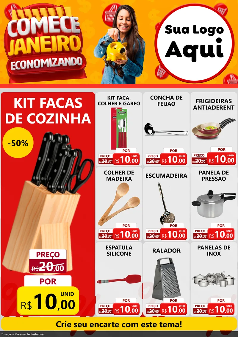 Modelo de Encarte para Encarte A4 Vertical com o tema Comece Janeiro Economizando para Utilidades Domésticas