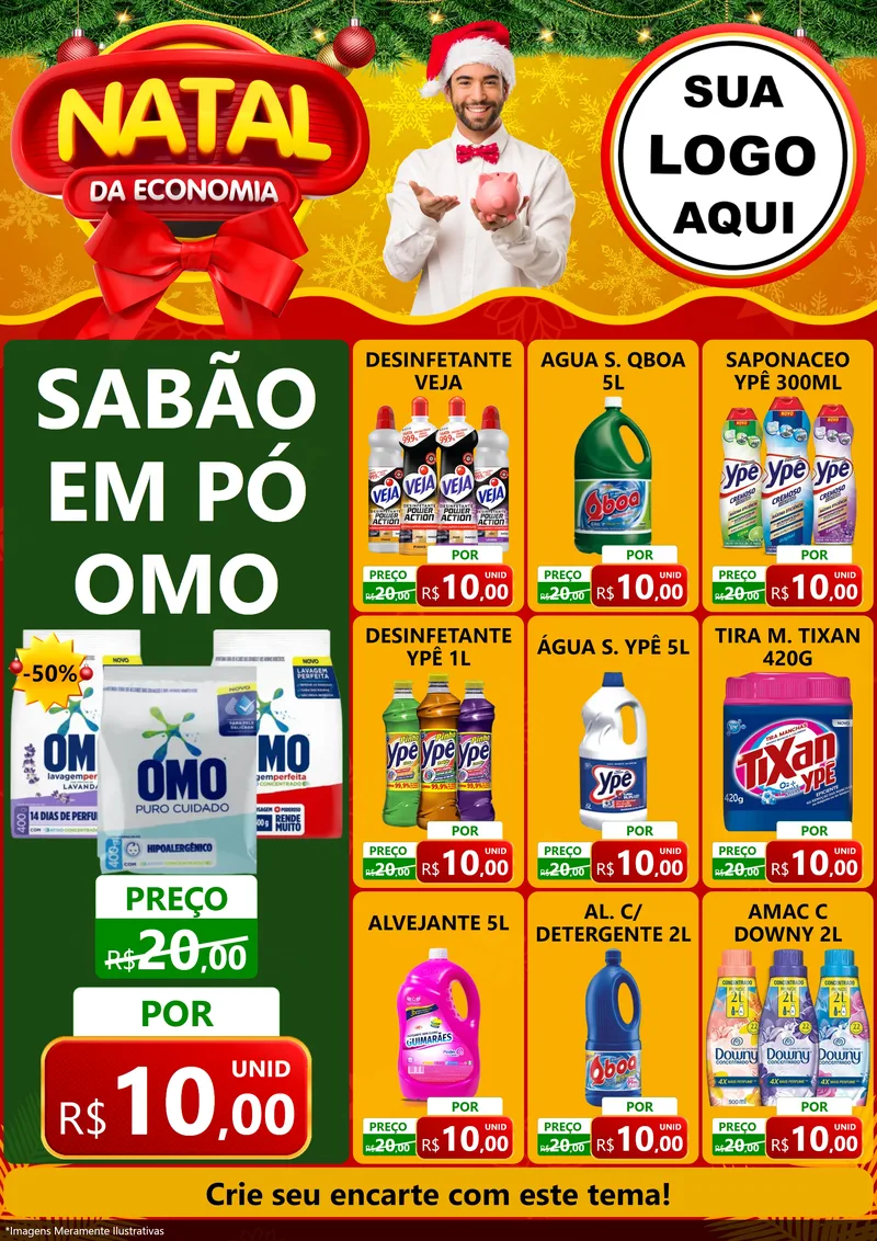 Modelo de Encarte para Encarte A4 Vertical com o tema Natal da Economia para Produtos de Limpeza