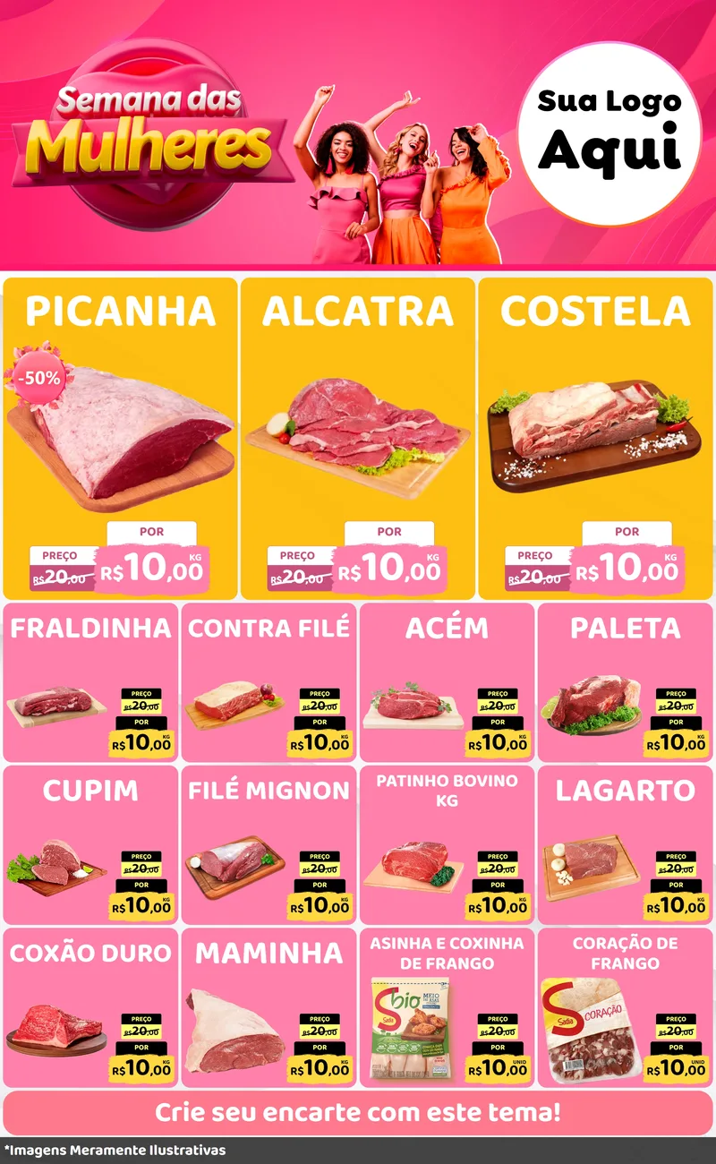 Modelo de Encarte para Encarte Grande com o tema Semana das Mulheres para Açougue