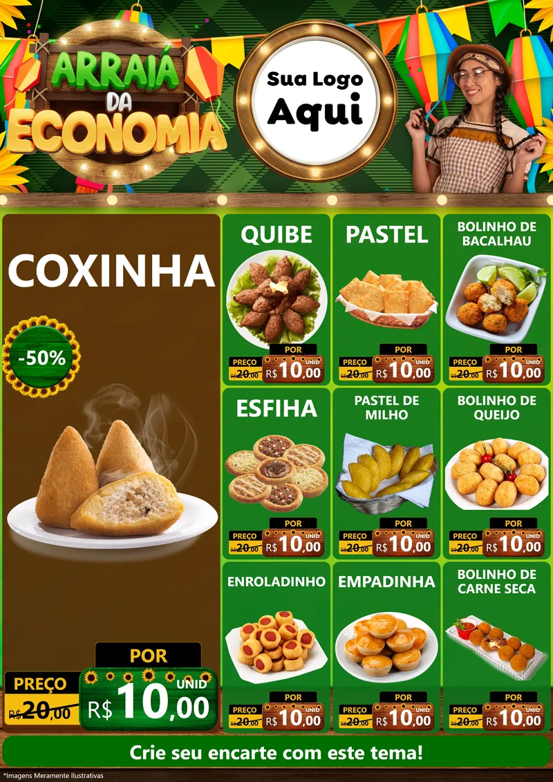 Modelo de Encarte para Encarte A4 Vertical com o tema Arraiá de Economia para Salgadaria