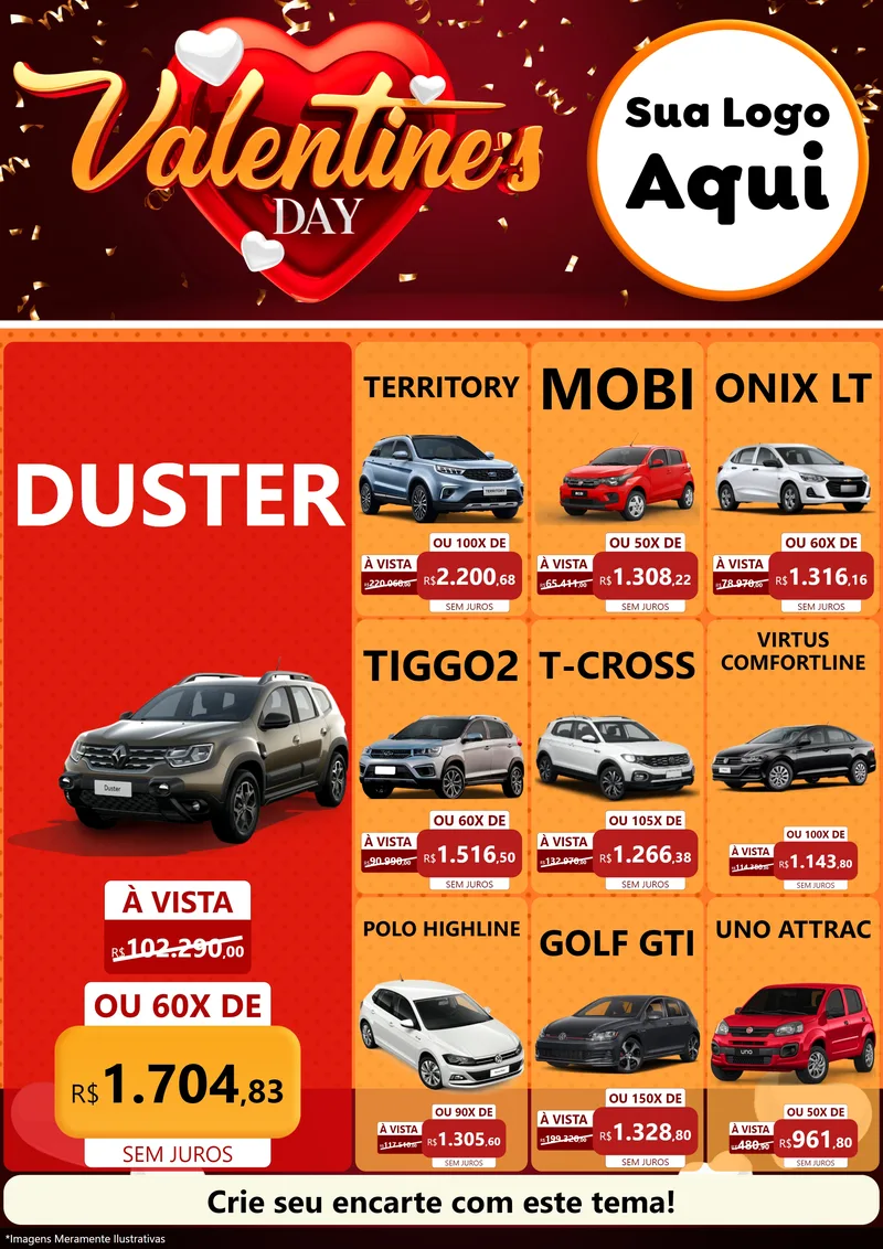 Modelo de Encarte para Encarte A4 Vertical com o tema Valentine's Day para Concessionaria de Carros
