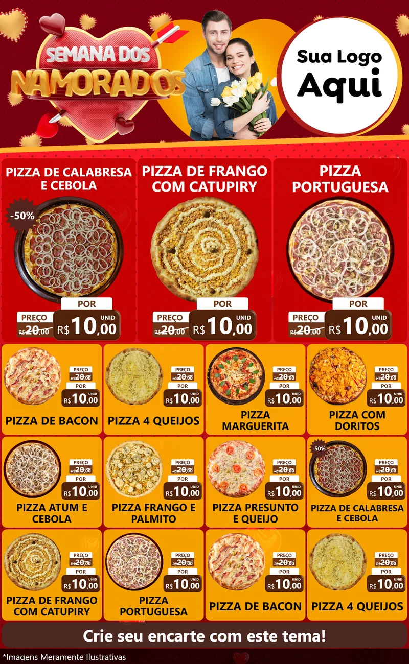 Modelo de Encarte para Encarte Grande com o tema Semana dos Namorados para Pizzaria