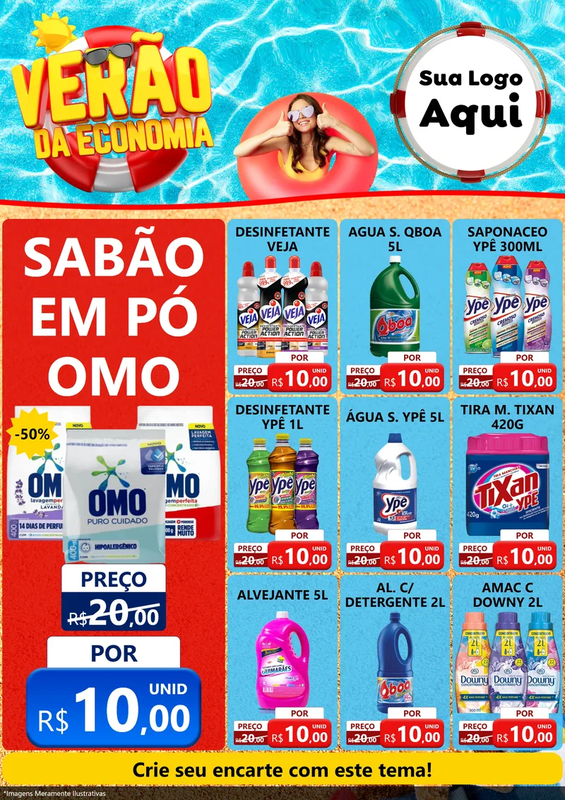 Modelo de Encarte para Encarte A4 Vertical com o tema Verão da Economia para Produtos de Limpeza