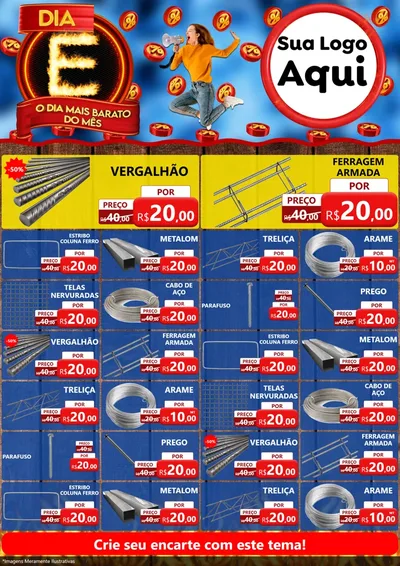 Modelo de Encarte para Encarte A4 Vertical com o tema Dia E - O Dia Mais Barato Do Mês para Ferragens