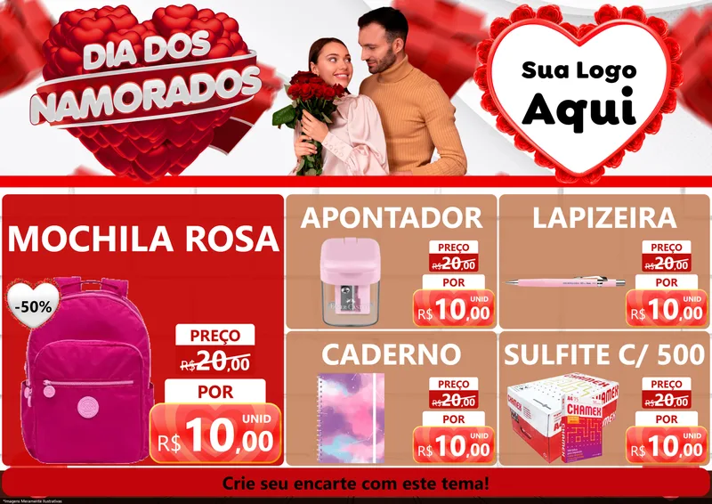 Modelo de Encarte para Encarte A4 Horizontal com o tema Dia dos Namorados para Papelaria