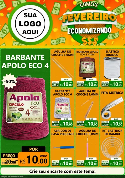 Modelo de Encarte para Encarte A4 Vertical com o tema Comece Fevereiro Economizando para Armarinho e Aviamentos