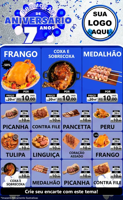 Modelo de Encarte para Encarte Grande com o tema Promoção de Aniversário - 7 Anos para Assados