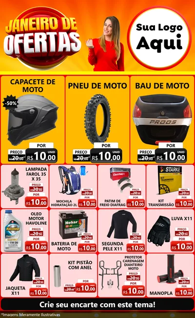 Modelo de Encarte para Encarte Grande com o tema Janeiro de Ofertas para Moto peças