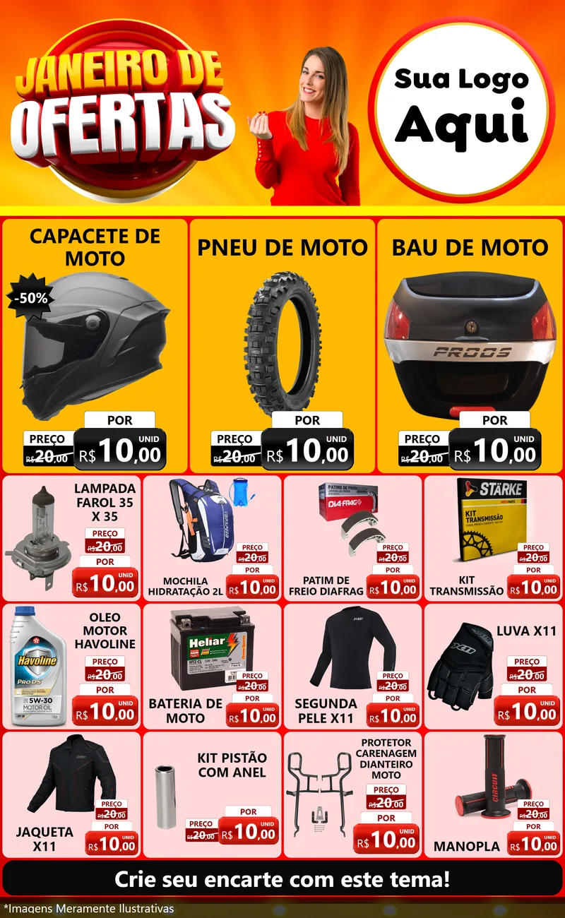 Modelo de Encarte para Encarte Grande com o tema Janeiro de Ofertas para Moto peças