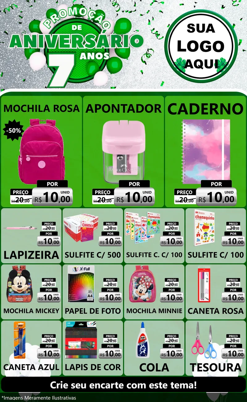 Modelo de Encarte para Encarte Grande com o tema Promoção de Aniversário - 7 Anos para Papelaria