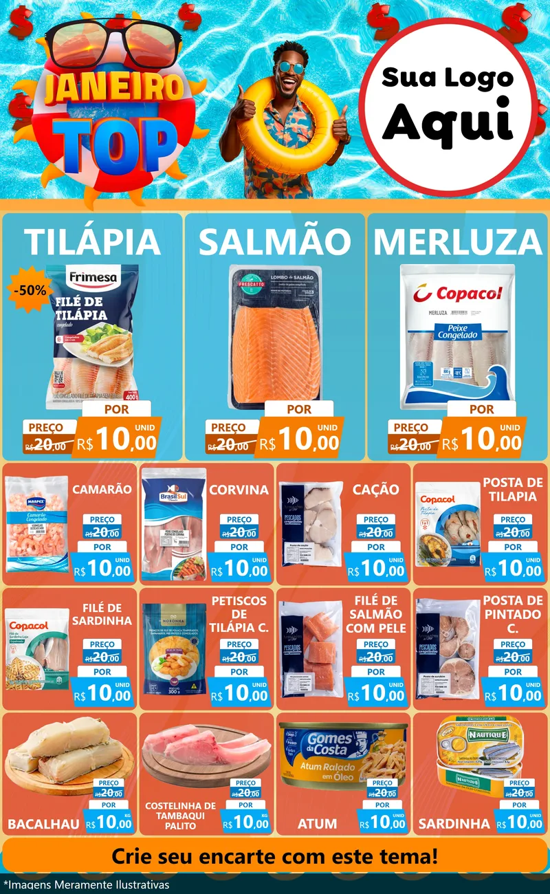 Modelo de Encarte para Encarte Grande com o tema Janeiro Top para Peixaria