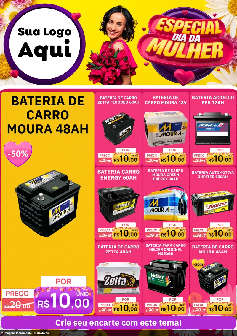 Modelo de Encarte para Encarte A4 Vertical com o tema Especial Dia da Mulher para Baterias Elétricas