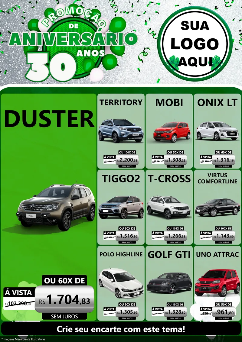 Modelo de Encarte para Encarte A4 Vertical com o tema Promoção de Aniversário - 30 Anos para Concessionaria de Carros
