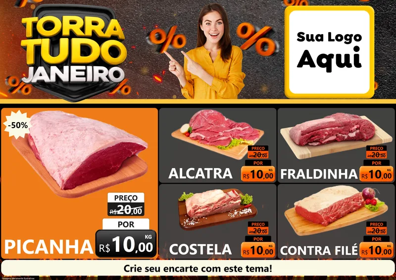 Modelo de Encarte para Encarte A4 Horizontal com o tema Torra Tudo Janeiro para Açougue