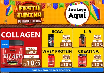 Modelo de Encarte para Encarte A4 Horizontal com o tema Festa Junina de Grandes Ofertas para Suplementos alimentares
