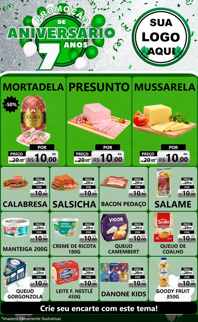 Modelo de Encarte para Encarte Grande com o tema Promoção de Aniversário - 7 Anos para Frios e Laticínios
