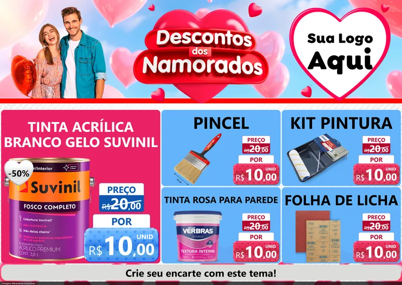 Modelo de Encarte para Encarte A4 Horizontal com o tema Descontos dos Namorados para Tintas e Ferramentas