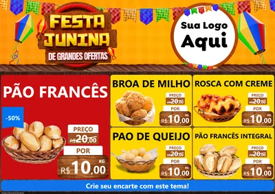 Modelo de Encarte para Encarte A4 Horizontal com o tema Festa Junina de Grandes Ofertas para Padaria