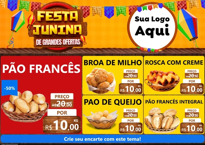 Modelo de Encarte para Encarte A4 Horizontal com o tema Festa Junina de Grandes Ofertas para Padaria