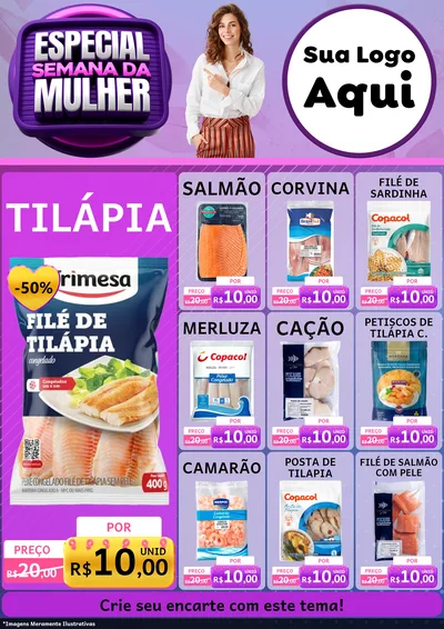 Modelo de Encarte para Encarte A4 Vertical com o tema Especial Semana da Mulher para Peixaria