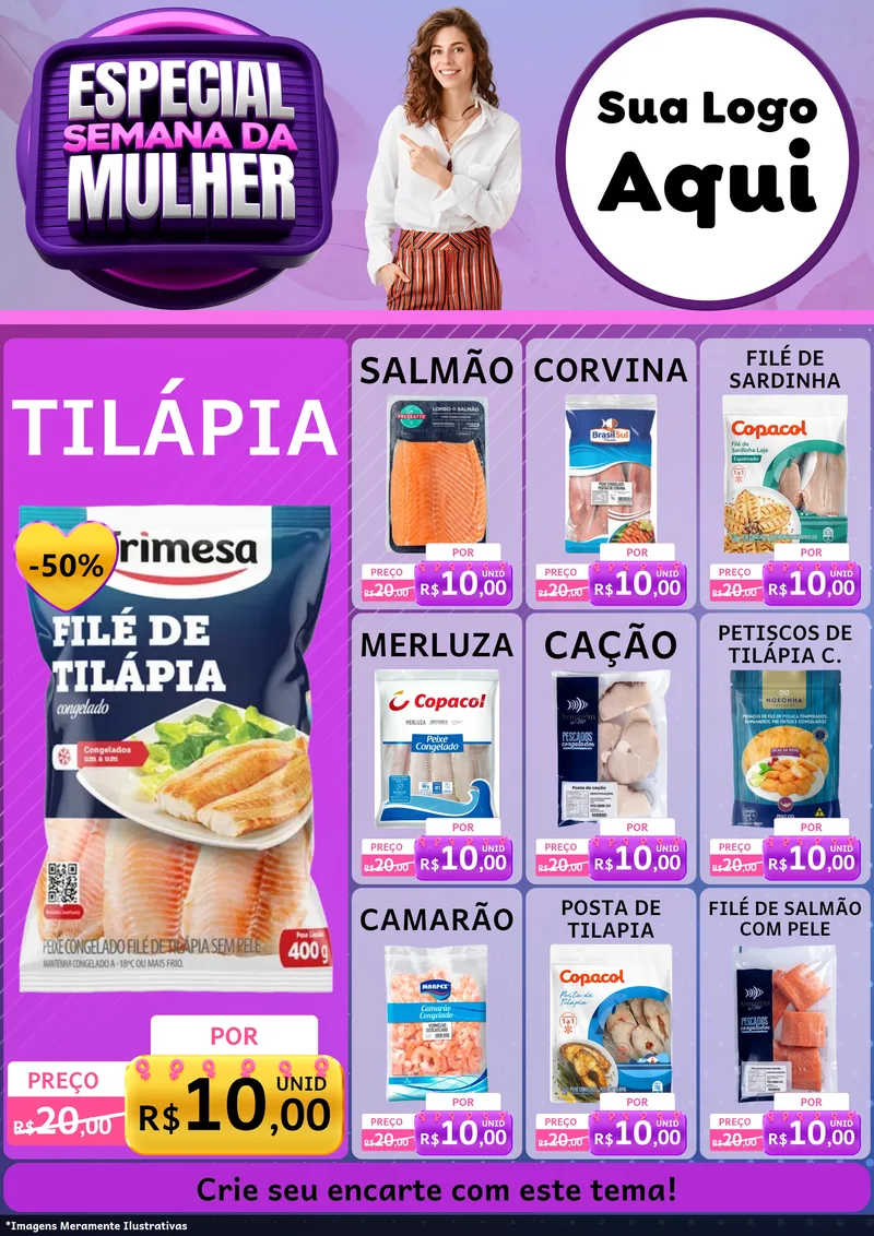 Modelo de Encarte para Encarte A4 Vertical com o tema Especial Semana da Mulher para Peixaria