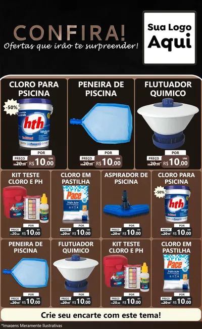 Modelo de Encarte para Encarte Grande com o tema Confira! Ofertas que irão te surpreender! para Produtos para Piscina