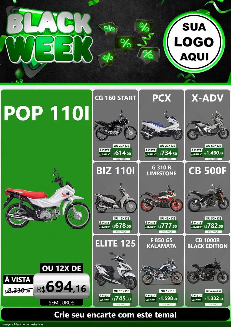 Modelo de Encarte para Encarte A4 Vertical com o tema Black Week para Concessionaria de Motos