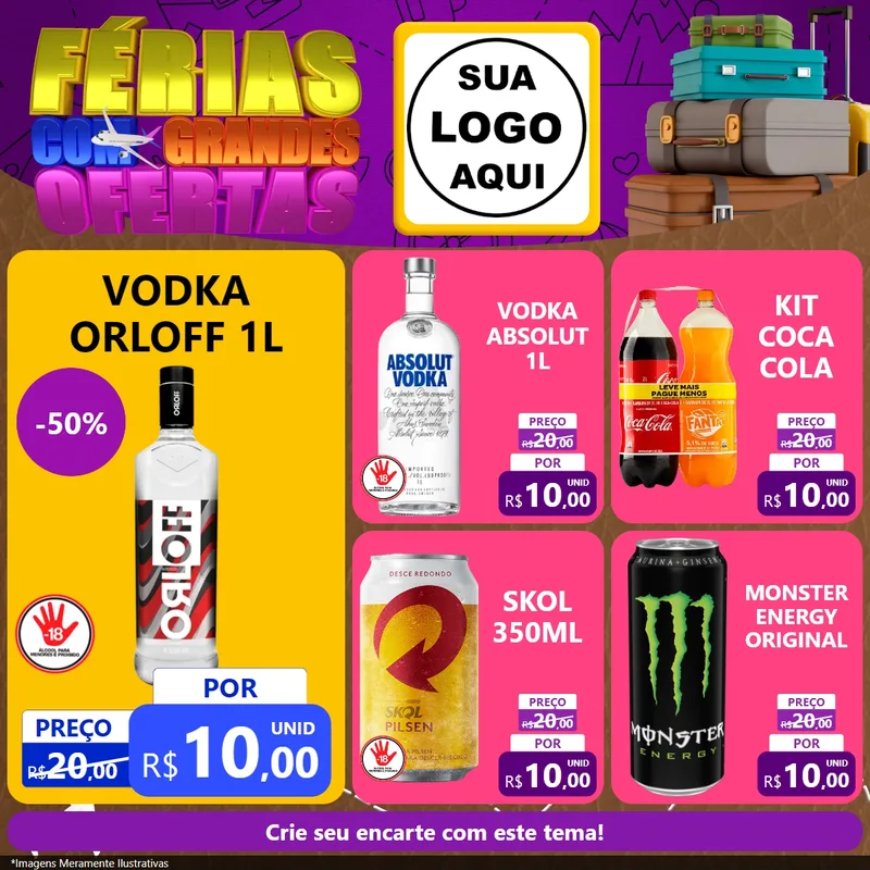 Modelo de Rede Social para Feed Facebook com o tema Férias com Grandes Ofertas para Distribuidora de bebidas