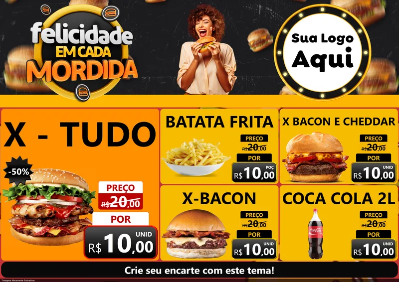 Modelo de Encarte para Encarte A4 Horizontal com o tema Felicidade Em Cada Mordida para Hamburgueria