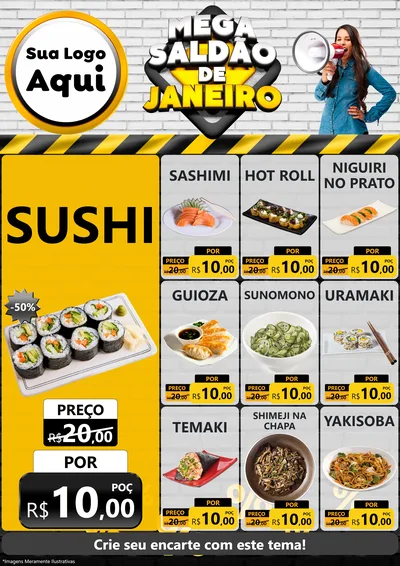 Modelo de Encarte para Encarte A4 Vertical com o tema Mega Saldão de Janeiro para Comida japonesa